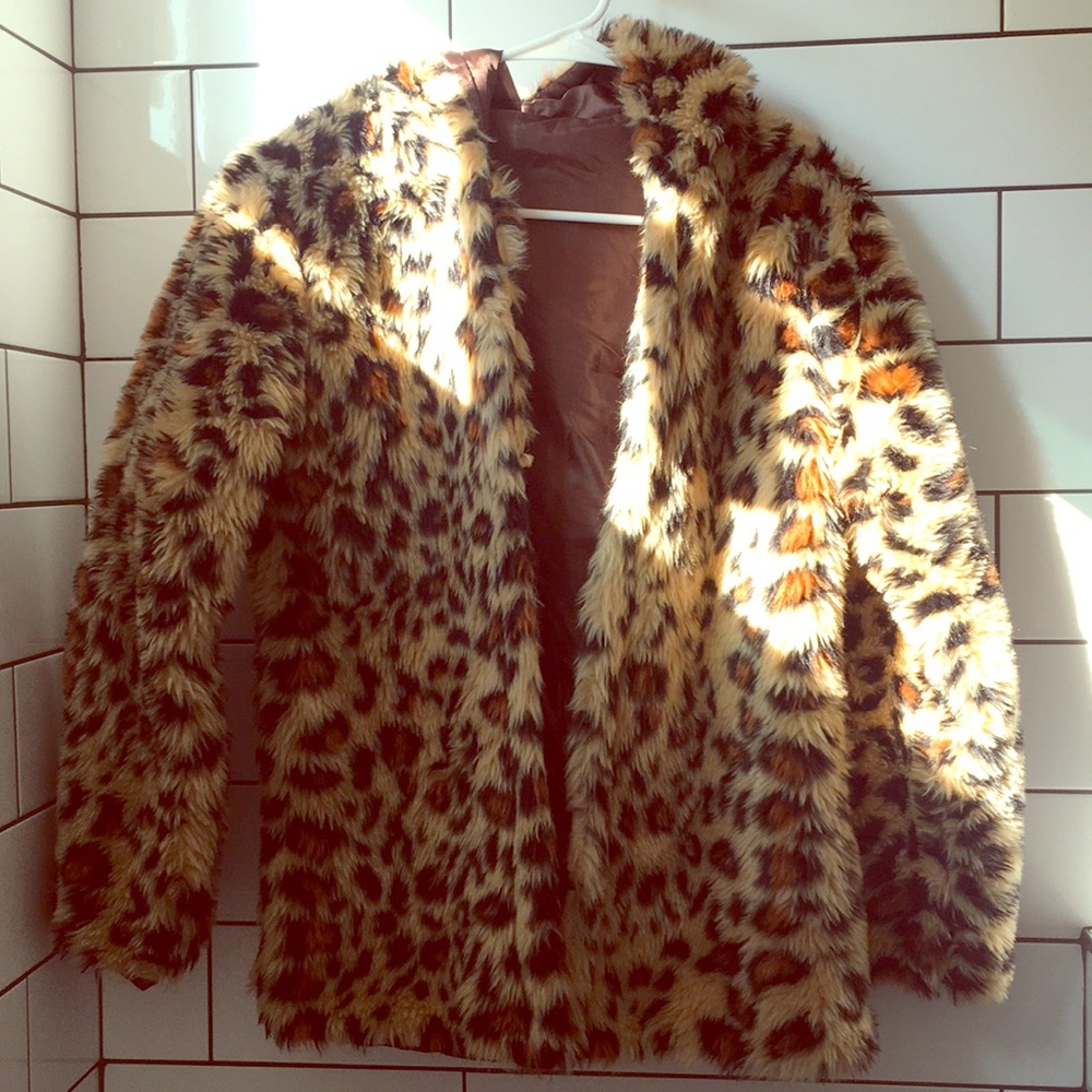 Leopard faux fur coat with hood